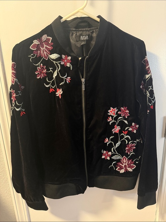 a.n.a Jackets & Blazers - a.n.a Black Velvet Bomber Jacket with Pink Floral Embroidery Accents